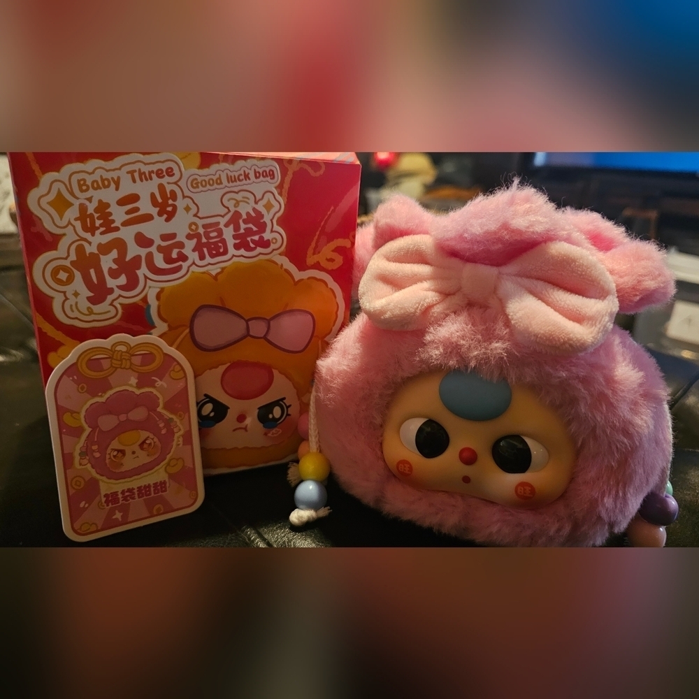 Baby Three Good Luck Bag Plush Figure Pink Hood w/ Box & Card